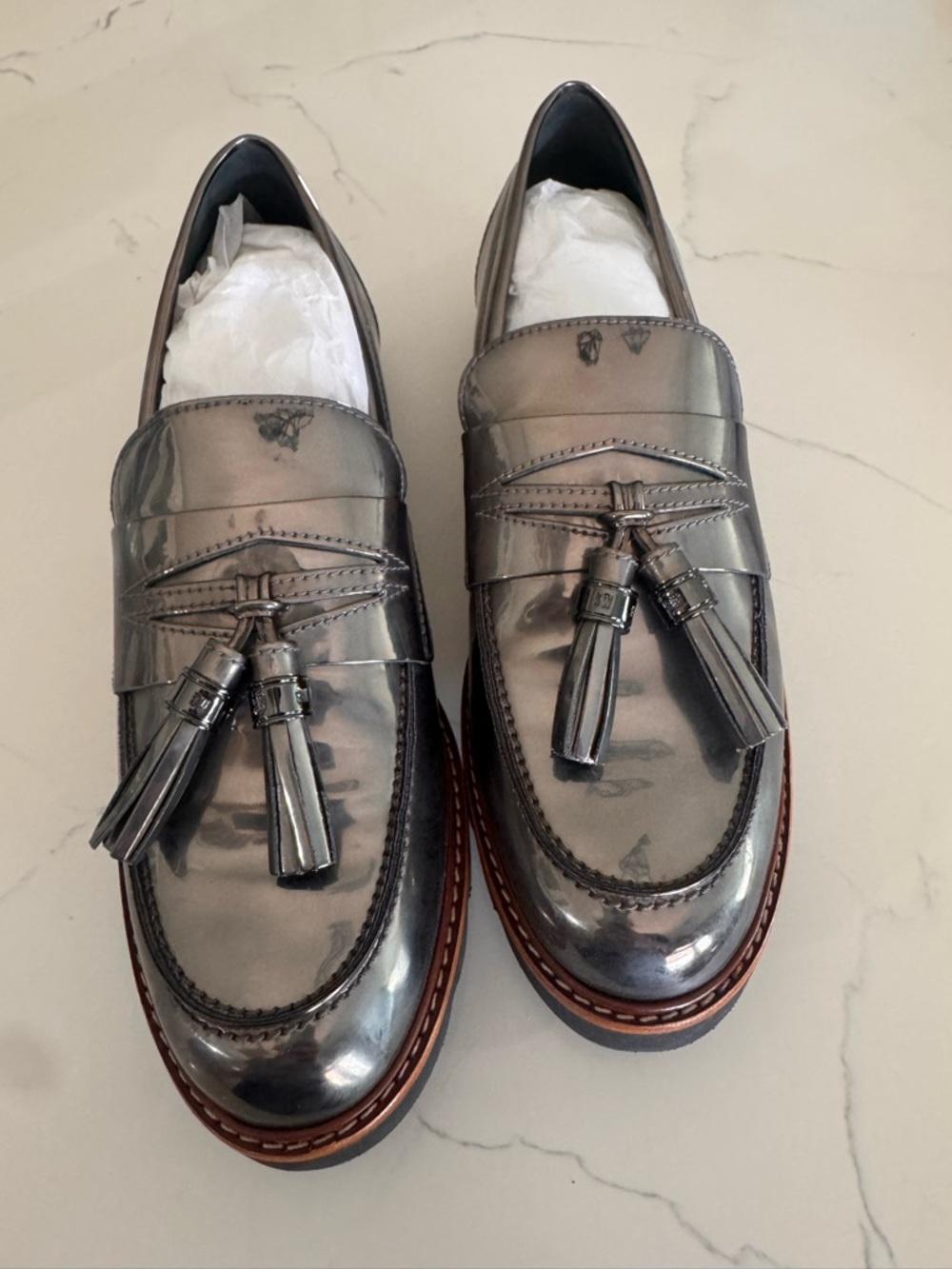Stuart Weitzman Black-Silver Patent Tassel Loafers